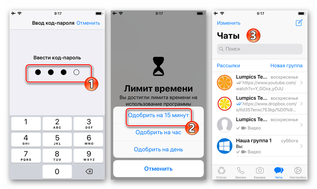 WhatsApp для iPhone вход в мессенджер, заблокированный Экранным временем