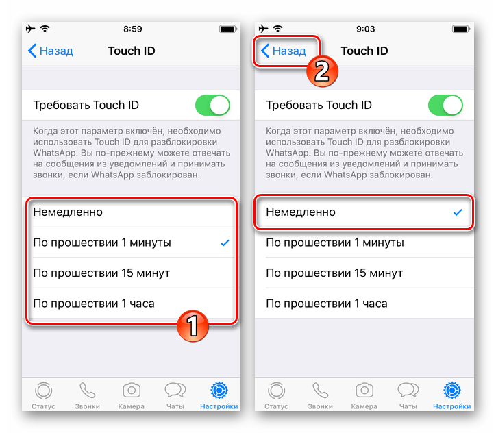 WhatsApp для iOS выбор периода времени, через который будет блокироваться мессенджер