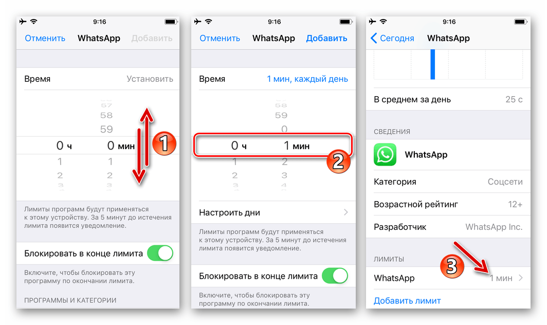 WhatsApp для iPhone установка лимита на работу мессенджера в Экранном времени завершено