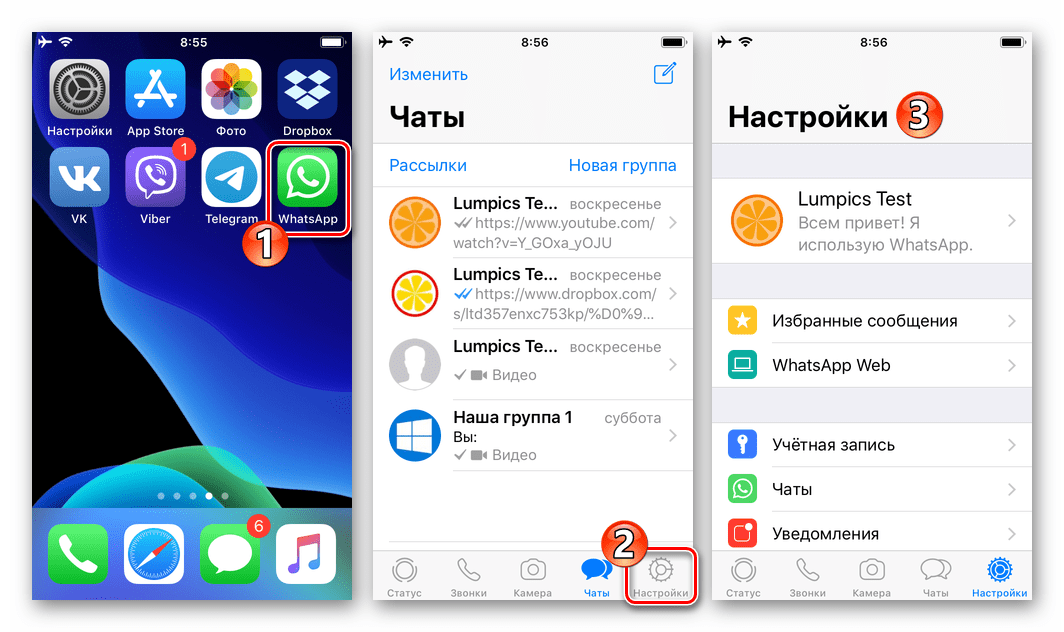 WhatsApp для iOS запуск приложения, переход в Настройки