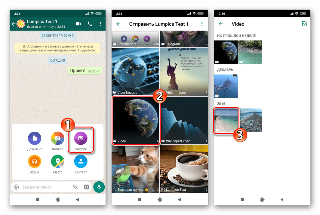 WhatsApp для Android кнопка Галерея в меню вложений в сообщение, выбор видеролика из памяти девайса