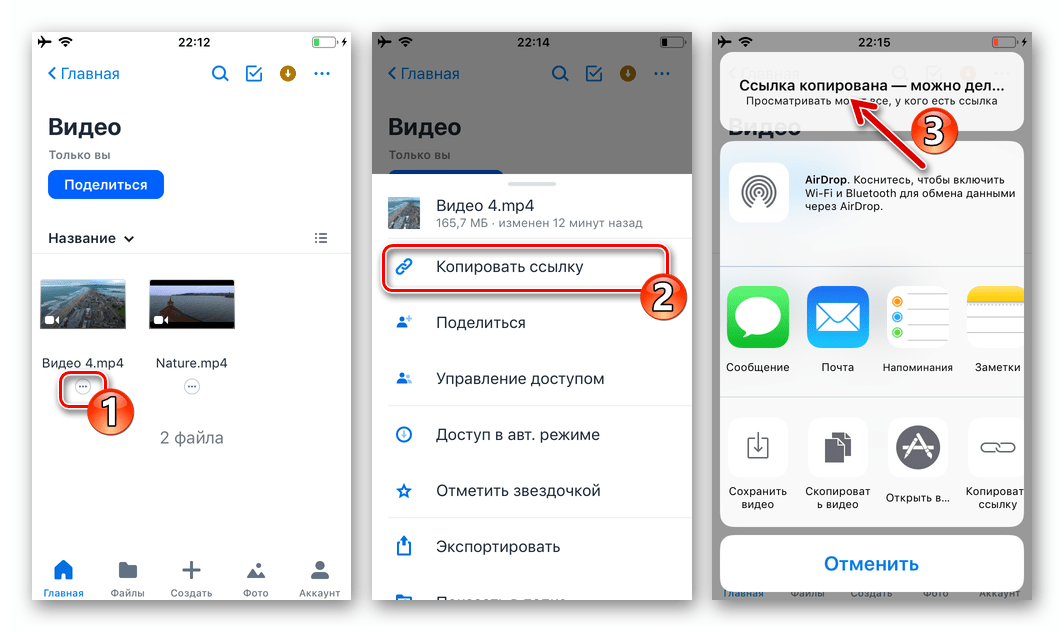 WhatsApp для iOS копирование ссылки на видео в облачном хранилище