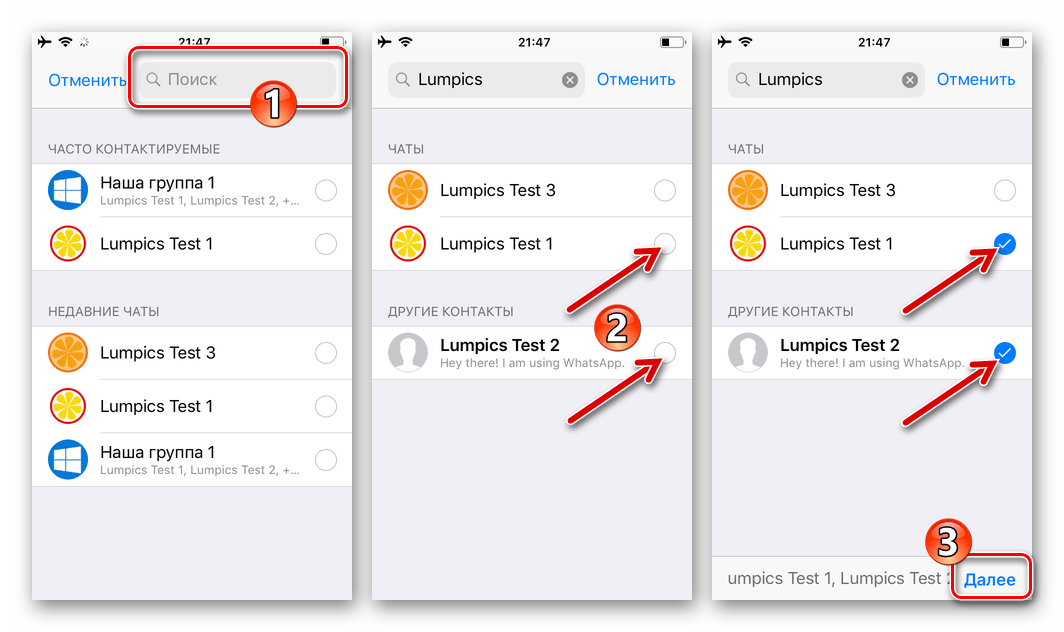 WhatsApp для iPhone функция Отправить в iOS, выбор получателей контента в мессенджере
