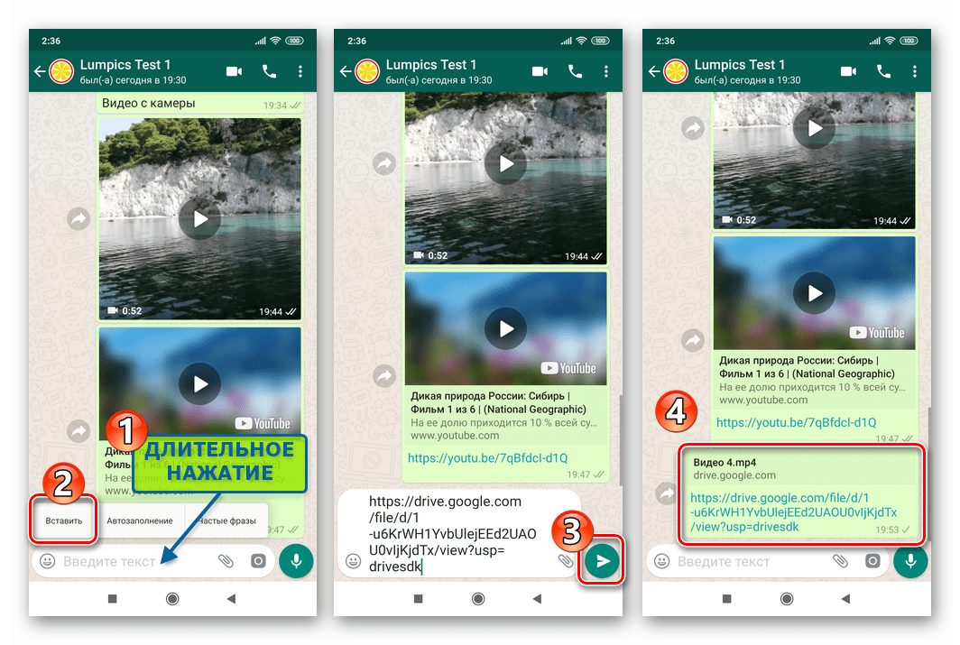 WhatsApp для Android вставка ссылки на видео из облака в сообщение и ее отправка