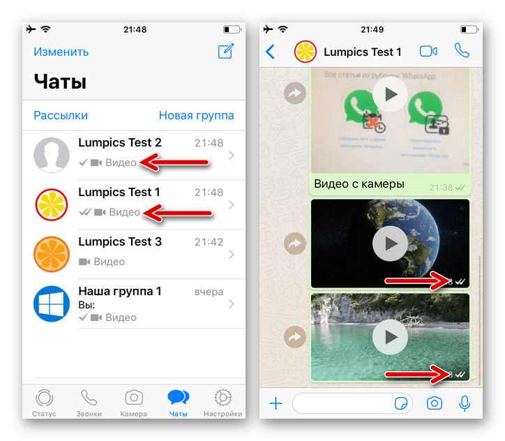 WhatsApp для iPhone отправка нескольких видео в адрес не единственного контакта завершена