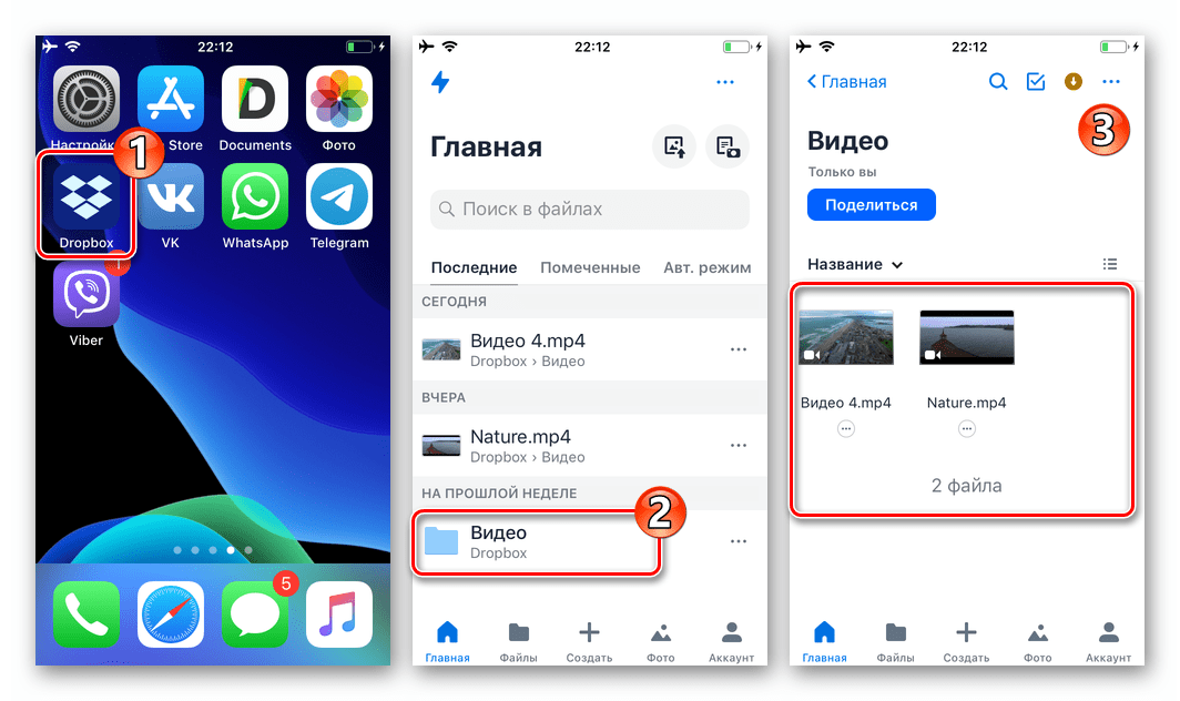 WhatsApp для iOS каталог с видеофайлами для отправки через мессенджер в облачном хранилище