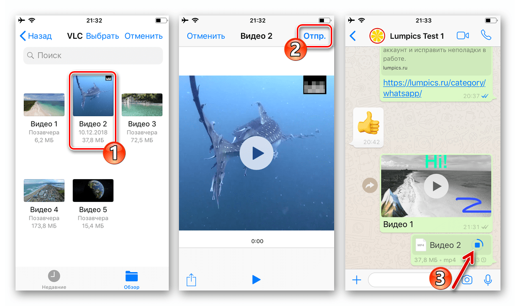 WhatsApp для iOS выбор и отправка видеоролика через мессенджер в виде файла
