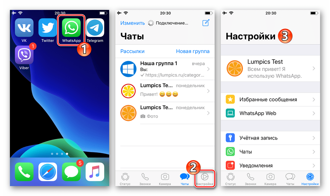 WhatsApp для iOS запуск программы, переход в Настройки