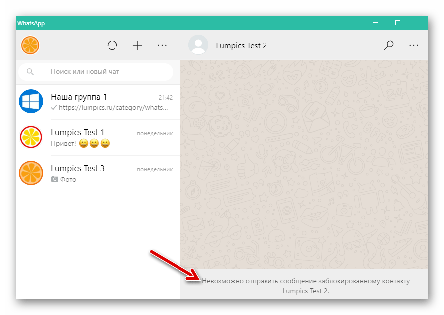 WhatsApp для Windows окно чата с пользователем, находящимся в черном списке мессенджера