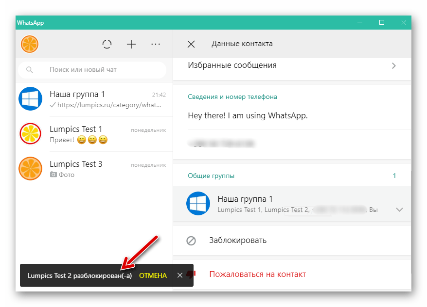 WhatsApp для Windows удаление контакта из черного списка мессенджера завершено