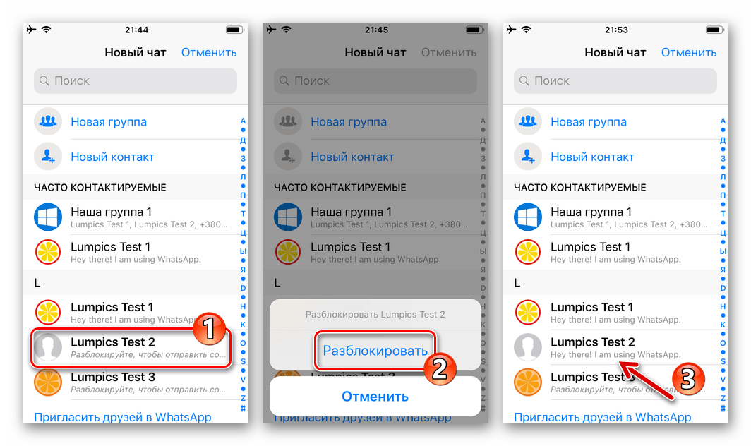WhatsApp для iPhone удаление пользователя из черного списка путем создания диалога с ним