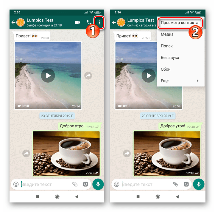 WhatsApp для Android вызов экрана Данные контакта из меню чата