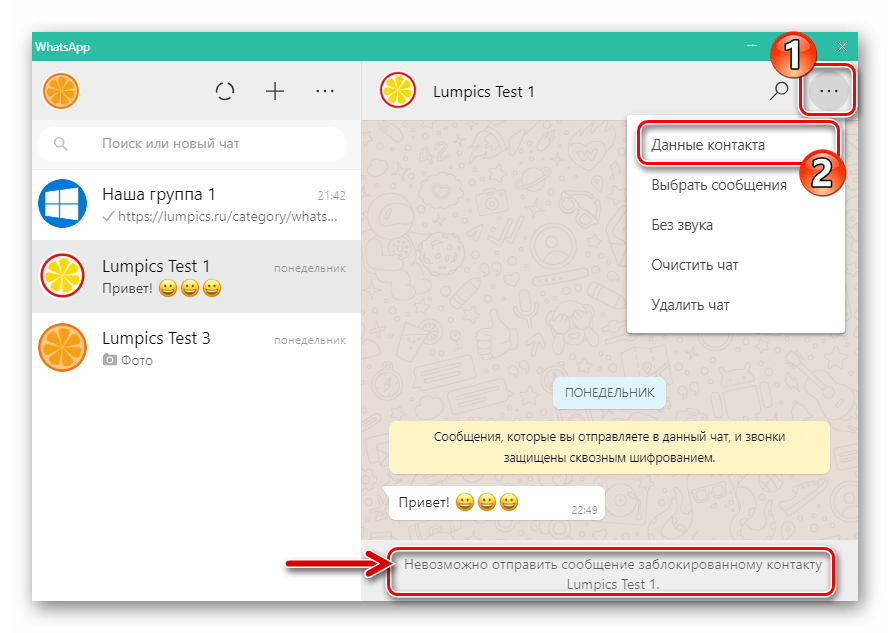 WhatsApp для Windows переход в Данные контакта из меню чата с заблокированным пользователем