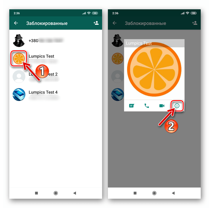 WhatsApp для Android переход к Данным контакта из черного списка в мессенджере