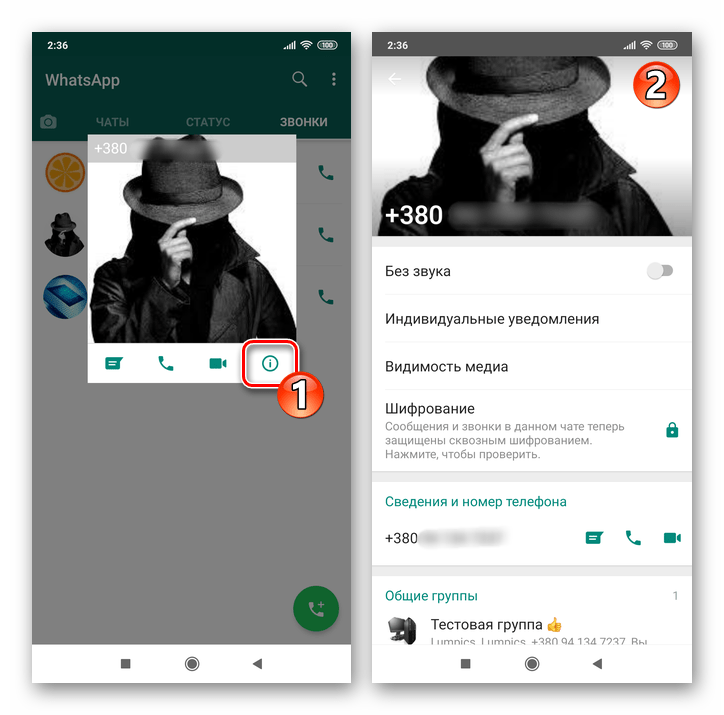 Whats App для Android открытие экрана Данные контакта из журнала звонков