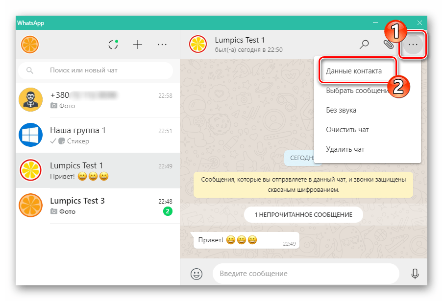 WhatsApp для ПК вызов меню чата, переход в Данные контакта