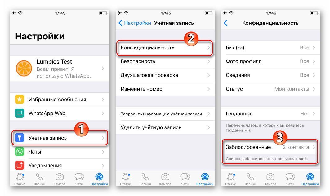 Whats App для iPhone Настройки - Учетная запись - Конфиденциальность - Заблокированные