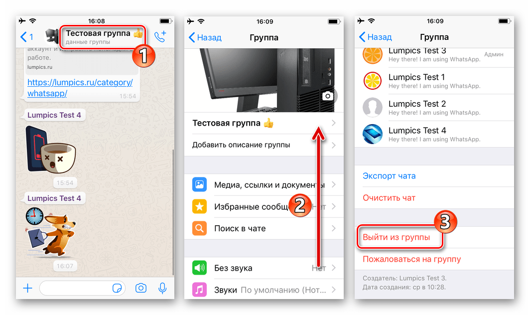 WhatsApp для iPhone параметры чата - пункт Выйти из группы