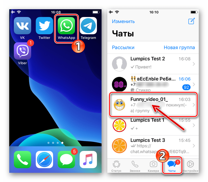 WhatsApp для iPhone открытие мессенджера, переход на вкладку Чаты