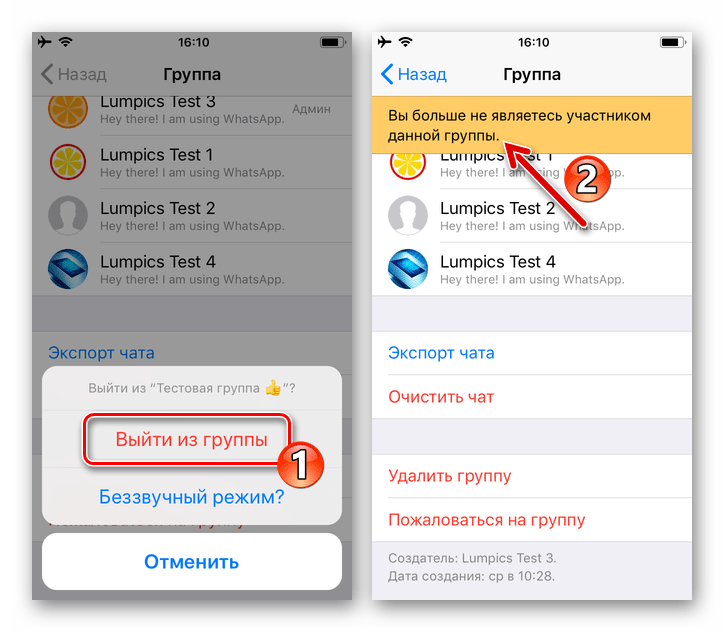 WhatsApp для iPhone выход из группового чата завершен