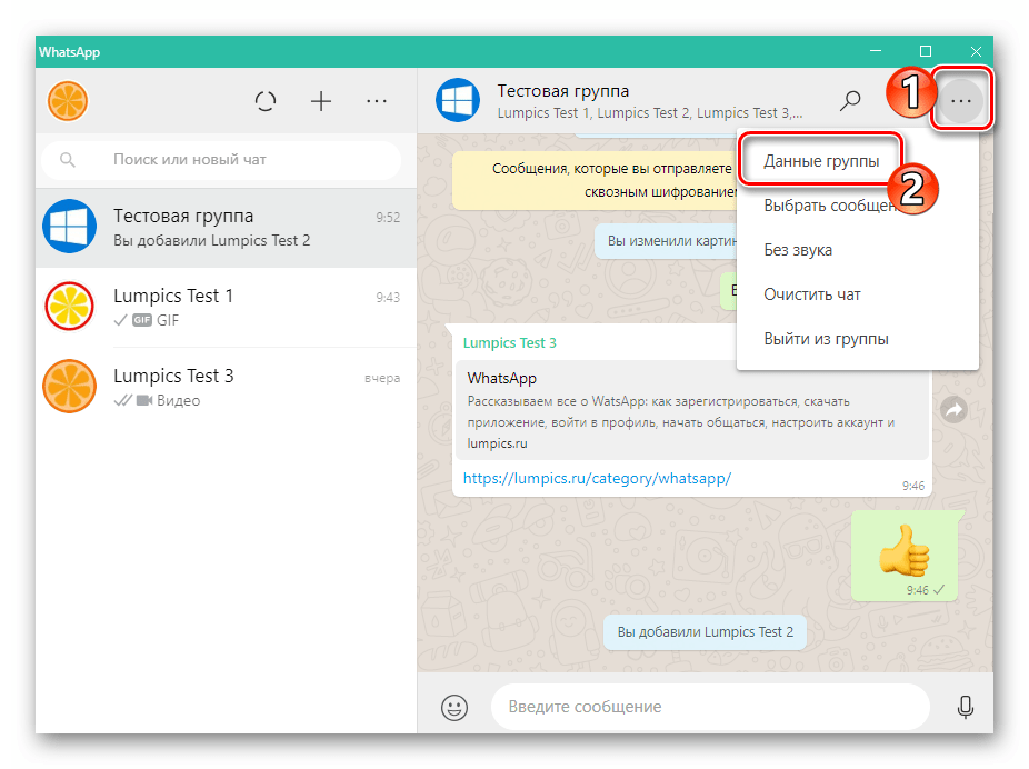WhatsApp для ПК вызов списка параметров группового чата