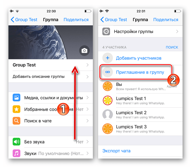 WhatsApp для iOS функция Приглашение в группу в перечне параметров чата