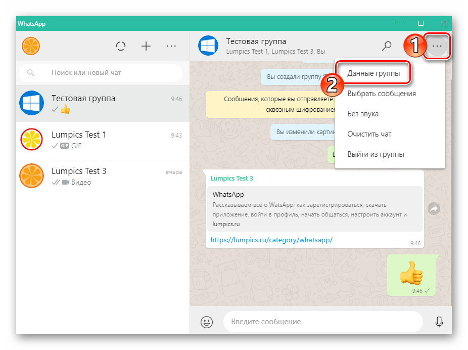WhatsApp для ПК переход в Данные группы из меню чата