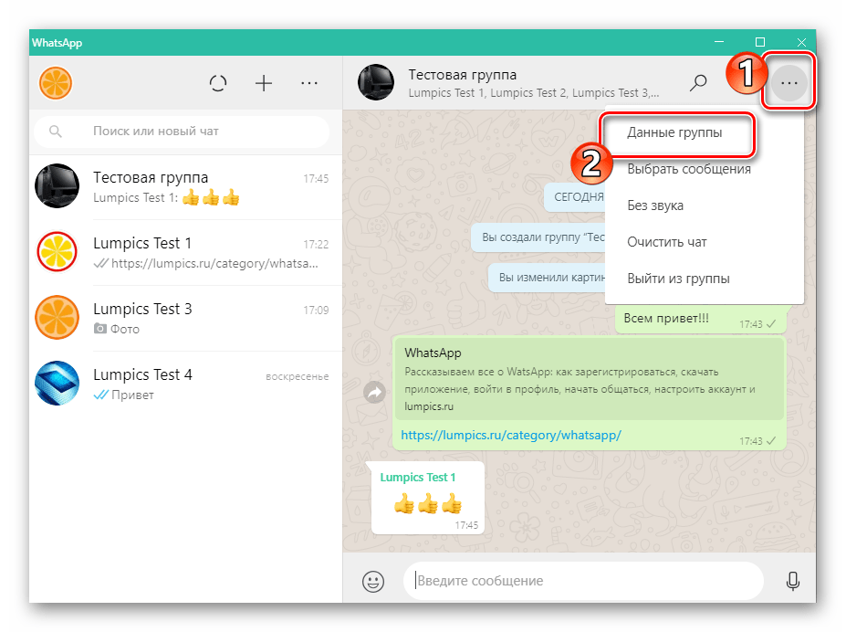 WhatsApp для Windows вызов перечня параметров группового чата