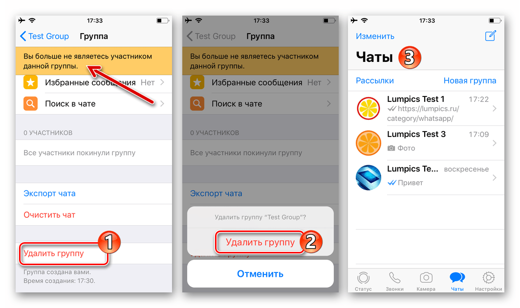 WhatsApp для iPhone завершение процедуры удаления группы в мессенджере