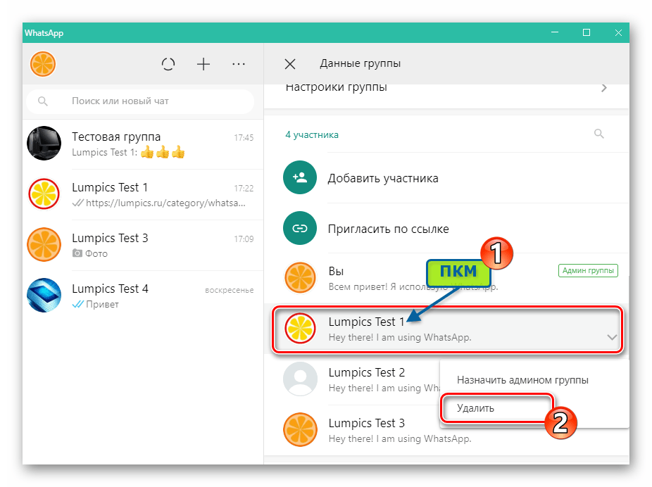 WhatsApp для Windows удаление участников из группового чата