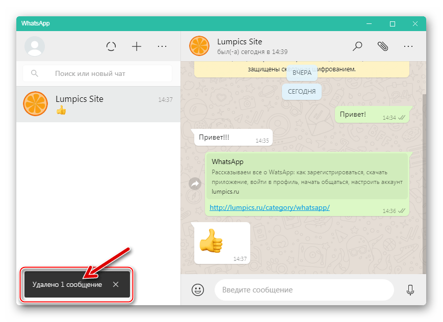 WhatsApp для Windows чат очищен от отдельных сообщений
