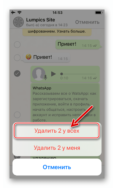 WhatsApp для iPhone удаление одного или нескольких сообщений у себя и собеседника
