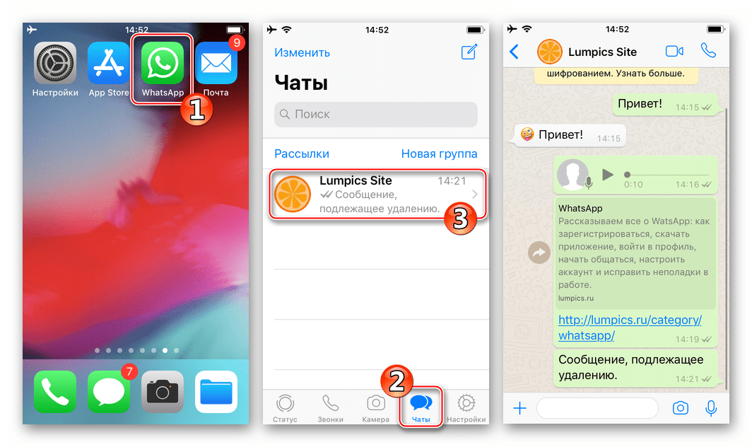 WhatsApp для iPhone удаление сообщений у собеседника - открытие чата