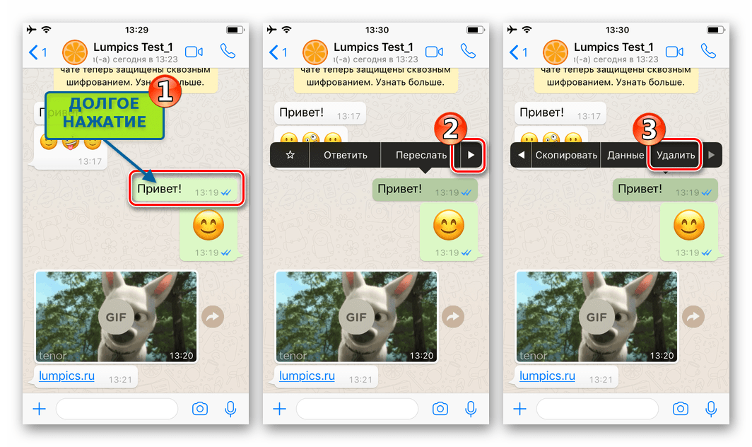 WhatsApp для iPhone меню действий для сообщения - пункт Удалить