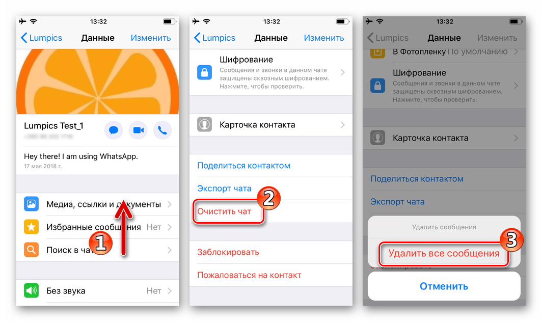 WhatsApp для iPhone удаление всех сообщений из чата с другим участником сервиса