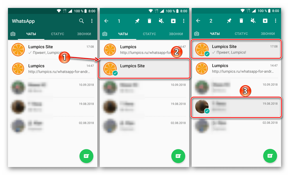 Выделение чатов, которые требуется удалить в мессенджере ВатсАп для Андроид