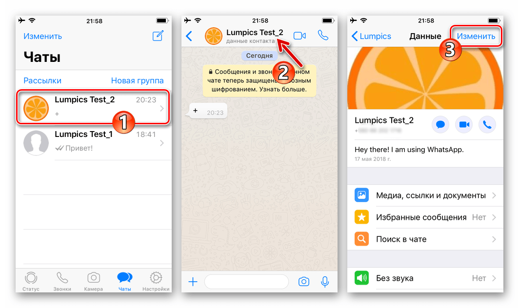 WhatsApp для iPhone удаление записи из списка контактов мессенджера - Открыть чат
