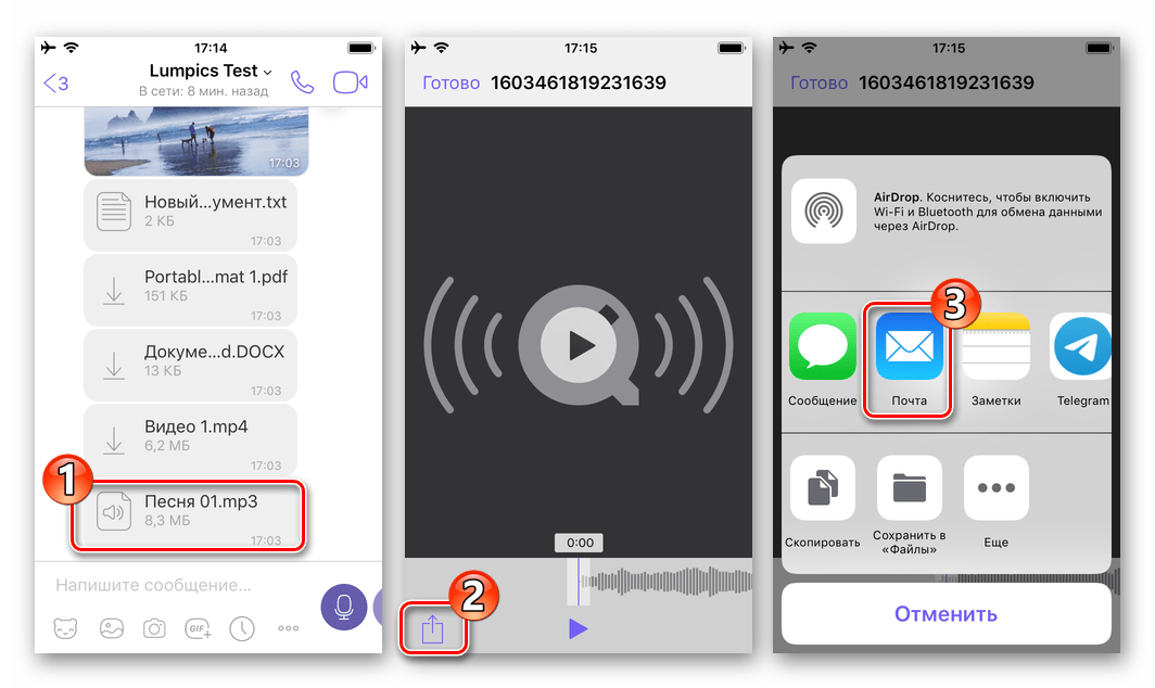 Viber для iOS - вызов функции Отправить для файла, выбор почтового клиента в качестве средства передачи