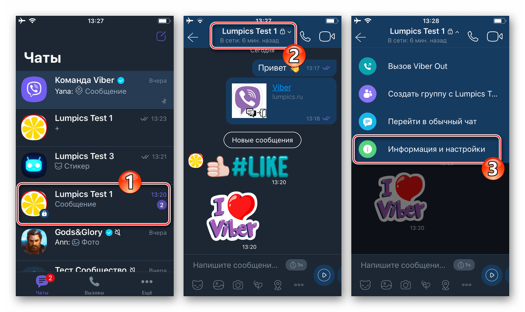 Viber для iOS - пункт Информация и настройки в меню секретного чата