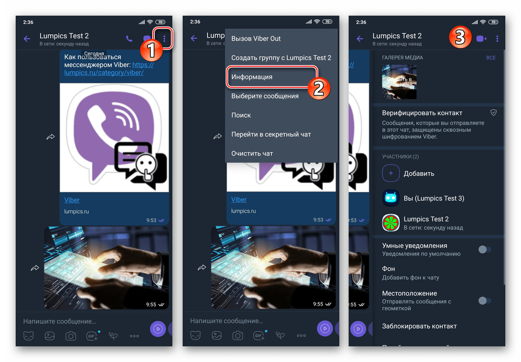 Viber для Android открытие меню Информация в скрытом чате
