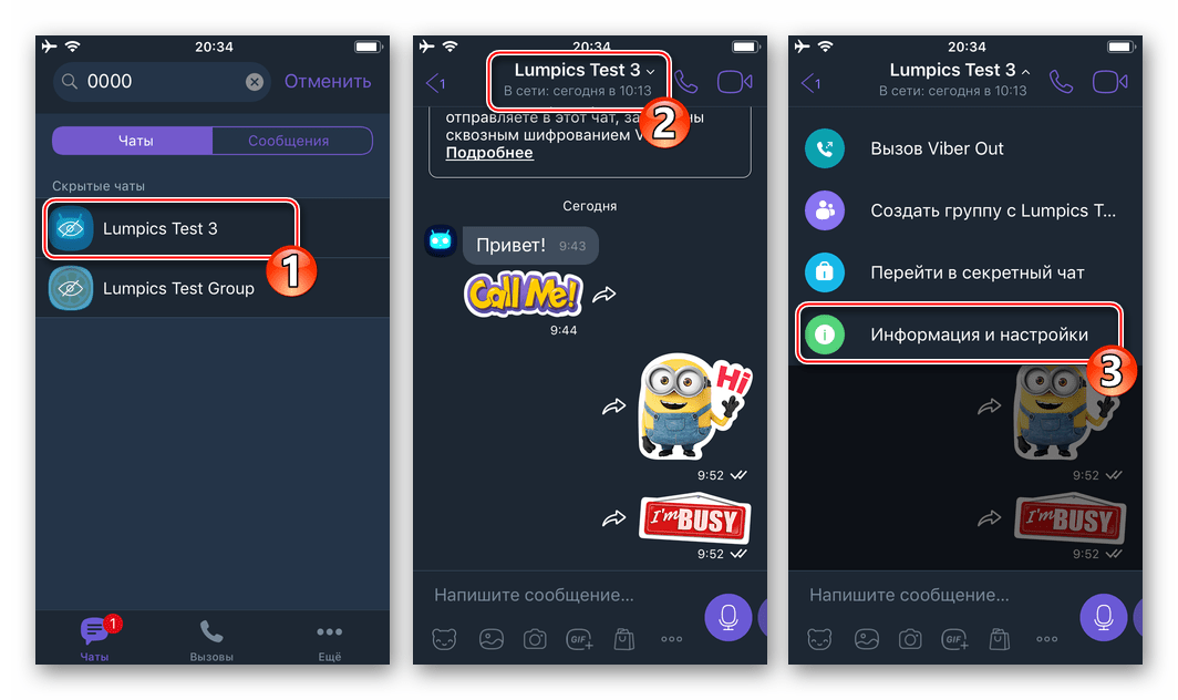 Viber для iOS переход в скрытый чат, вызов панели Информация и настройки