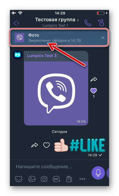 Viber для iPhone закрепленное в групповом чате сообщение