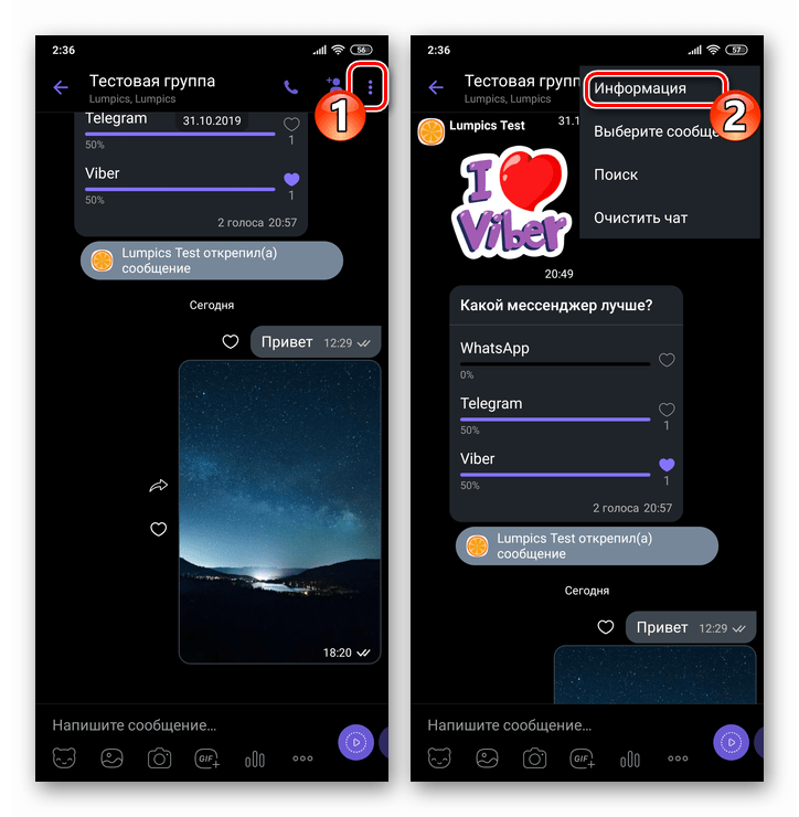 Viber для Android вызов меню группового чата - Пунтк Информация