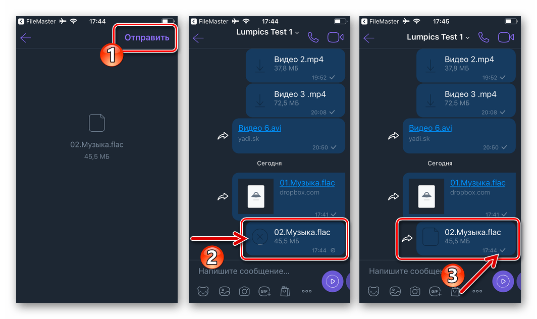 Viber для iPhone процесс отправки песни из приложения FileMaster участнику мессенджера