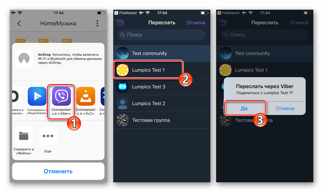 Viber для iPhone выбор получателя аудиозаписи при ее передаче из менеджера FileMaster