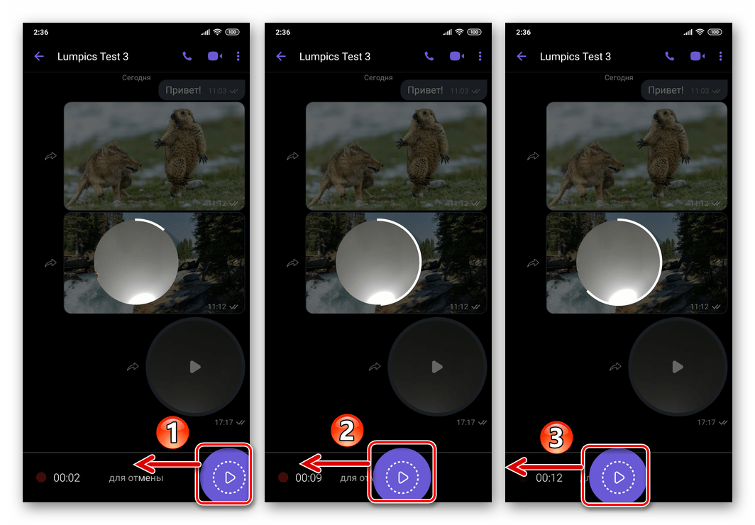 Viber для Android - отмена создания и отправки видеосообщения в процессе записи