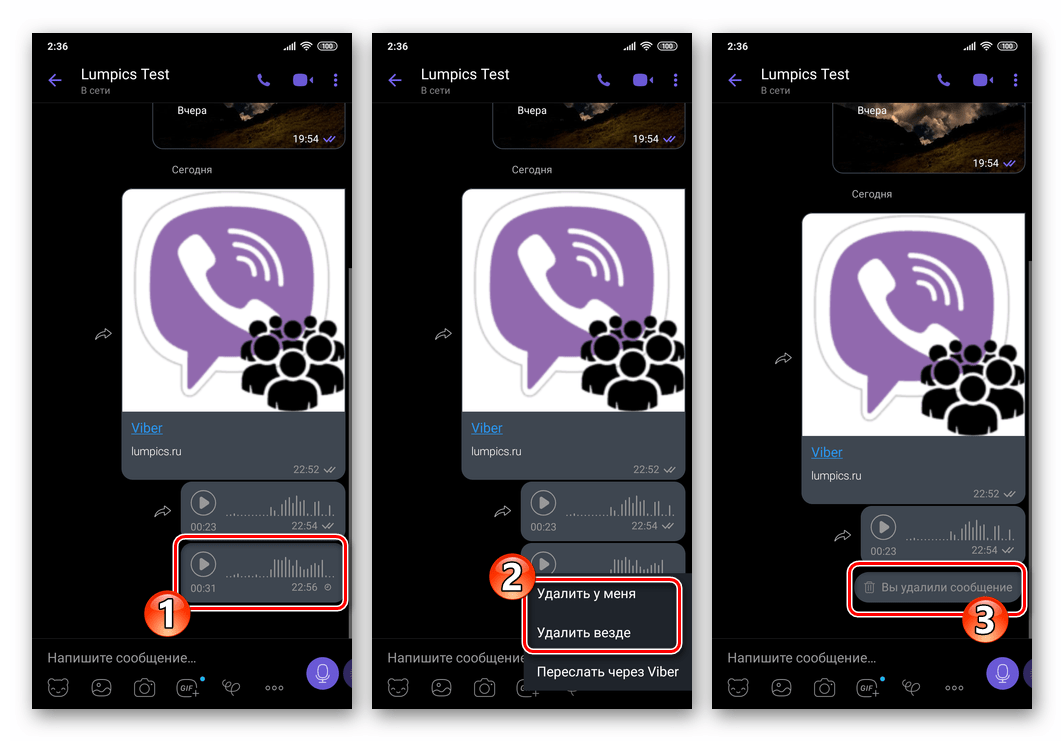 Viber для Android удаление отправленного голосового сообщения у себя и у собеседника