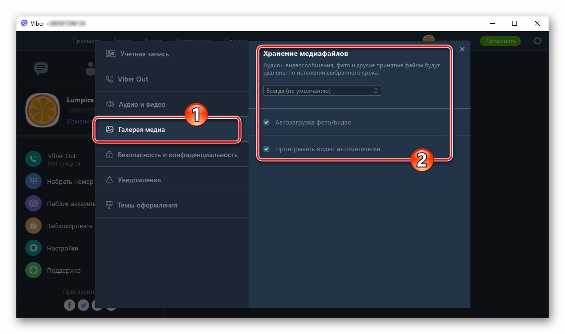 Viber для Windows раздел Галерея медиа в параметрах мессенджера