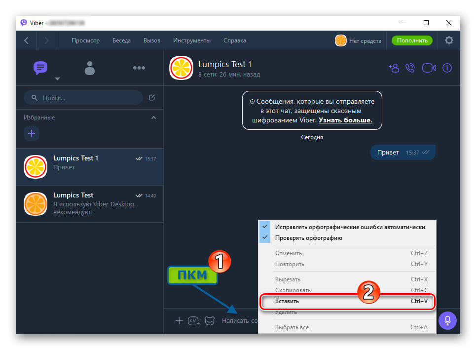 Viber для компьютера вставка текста в поле ввода сообщения