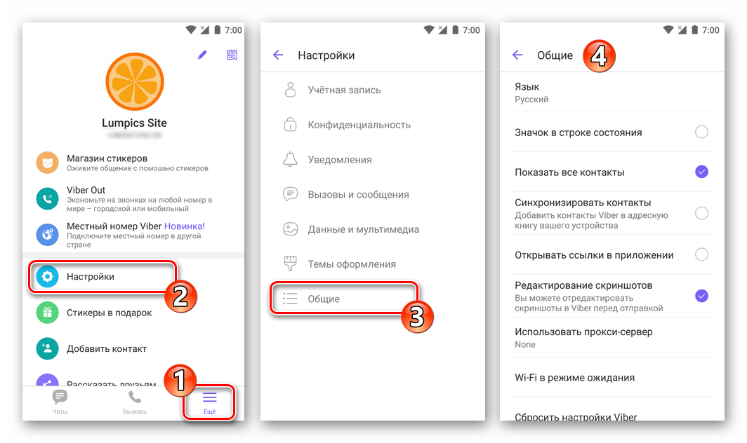 Viber раздел настроек Общие мессенджера на смартфоне c Android